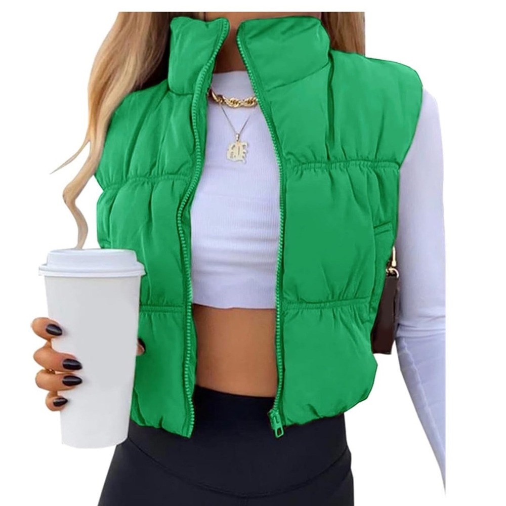 Women Green Cropped Puffer Vest Sleeveless Quilted Zip Up Stand Collar Jacket S